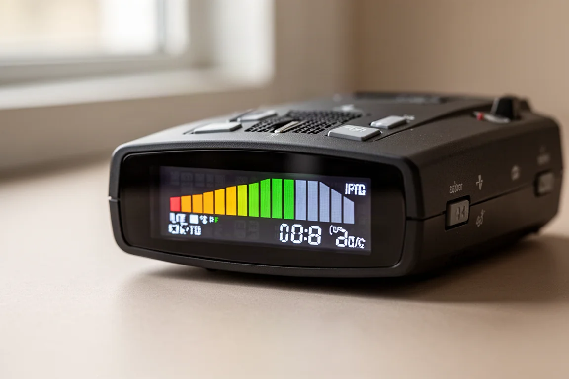 Close-up of a radar detector display showing signal strength and frequency information