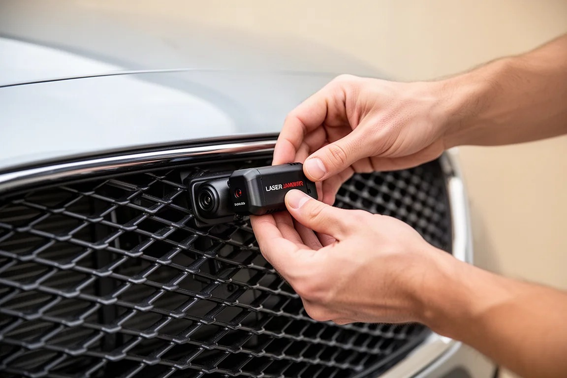 Hands installing a laser jammer head on the front grille of a car