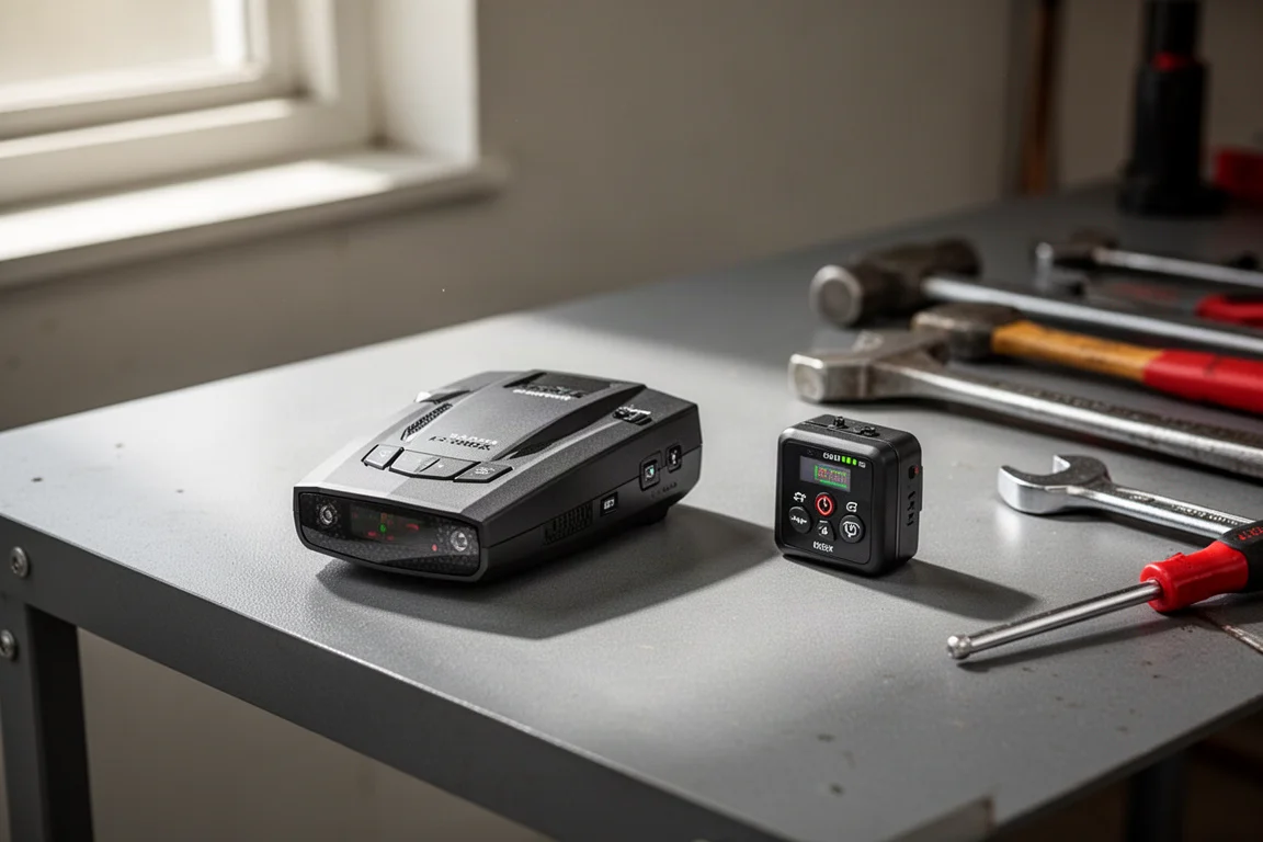 Radar detector and laser jammer control unit on a workshop bench with tools