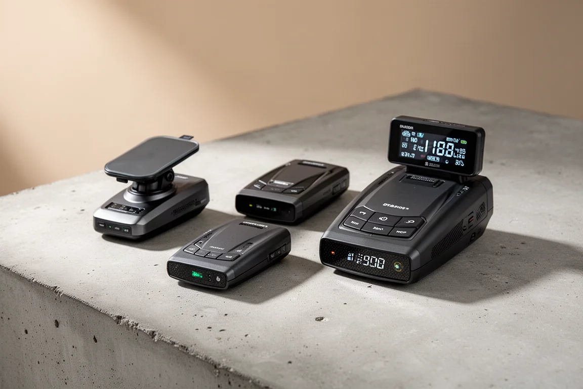 Collection of modern radar detectors on a matte concrete surface