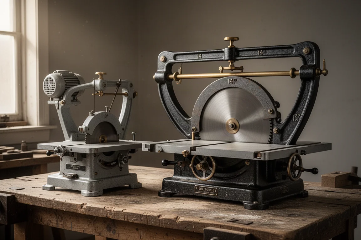 A compact vintage 10-inch radial arm saw beside a large cast-iron 14-inch radial arm saw on a workbench