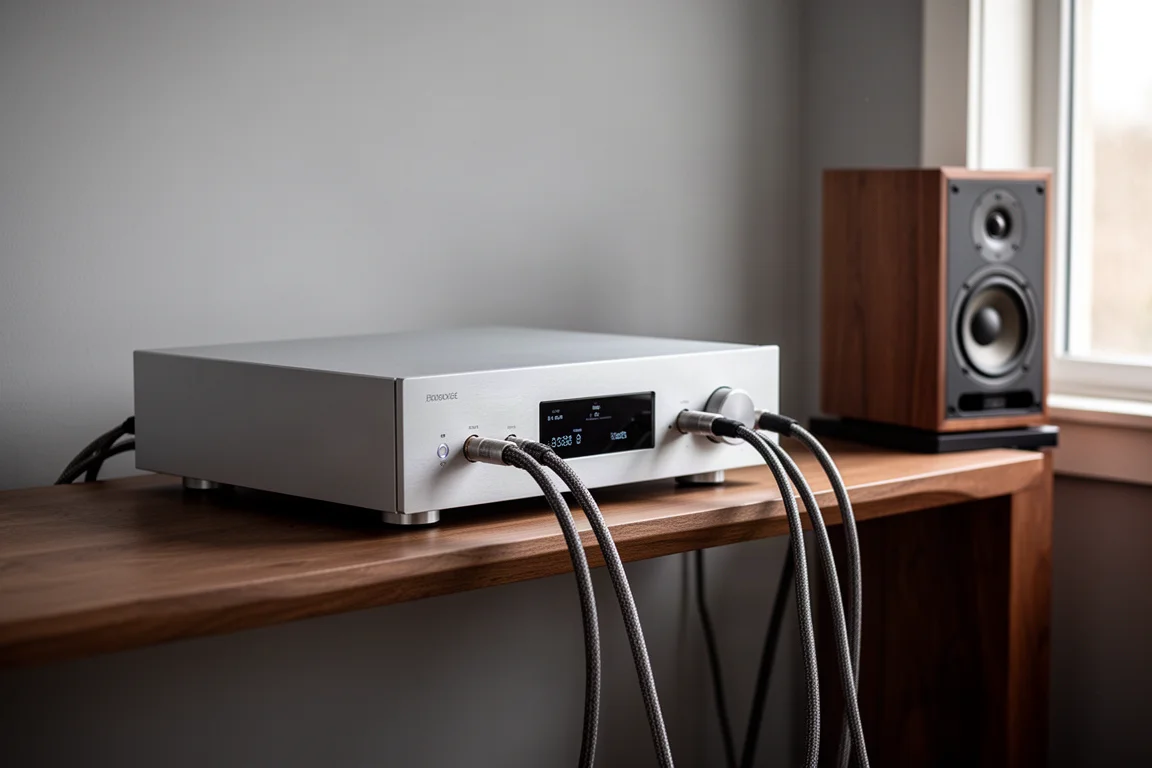 Amplificateur intégré avec câbles d'enceintes sur une étagère près d'une enceinte compacte