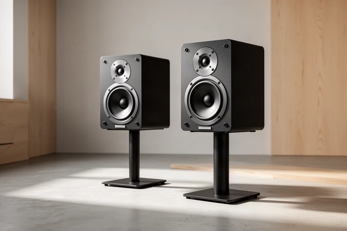 Pair of compact matte black bookshelf speakers with aluminium baffles on stands