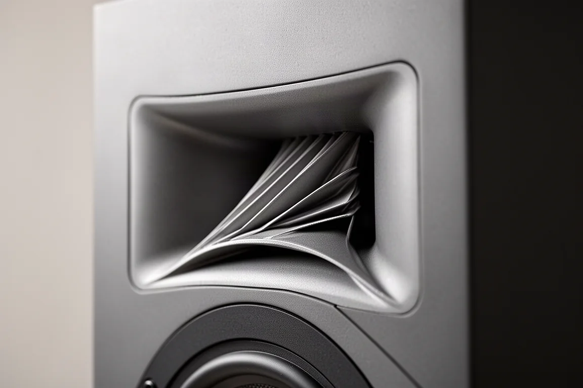 Nahaufnahme eines gefalteten Bändchenhochtöners, der in einen flachen Waveguide eingelassen ist