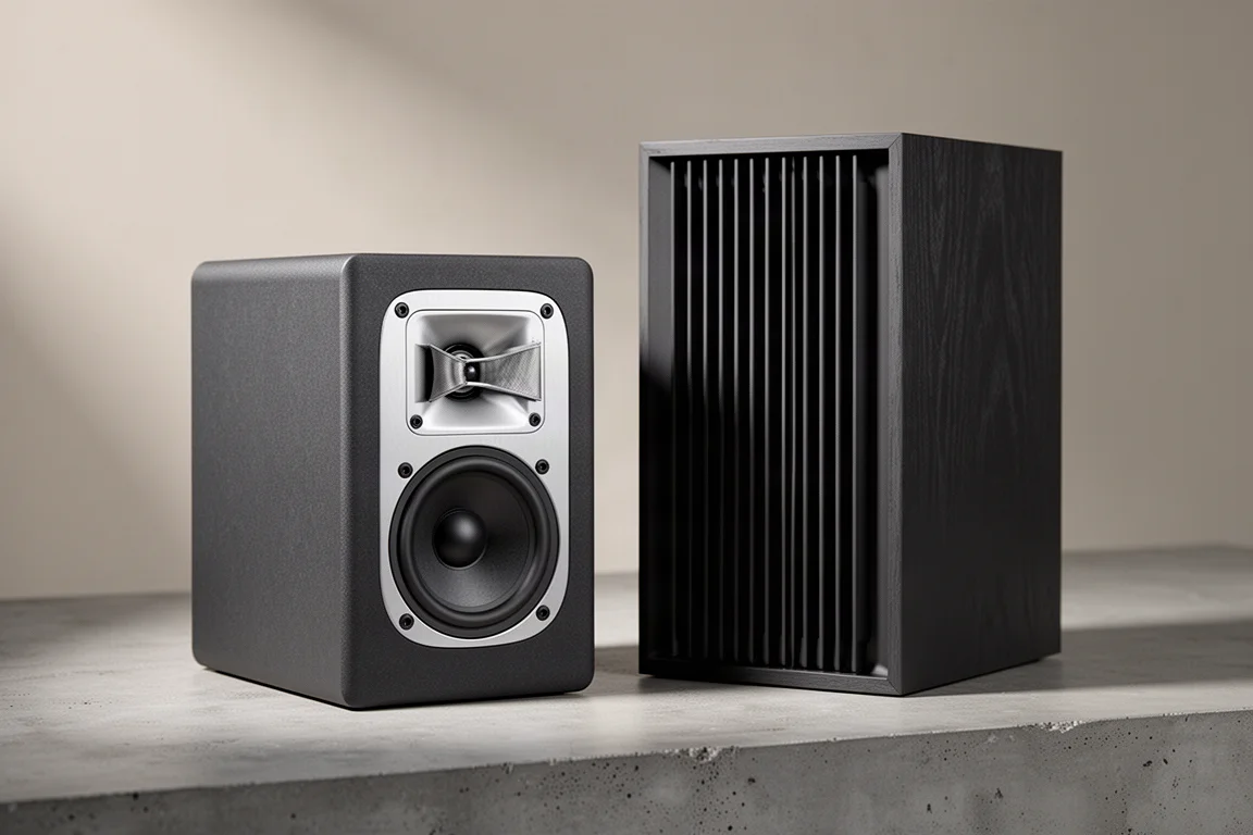 Two compact bookshelf speakers with ribbon tweeters side by side on a concrete surface