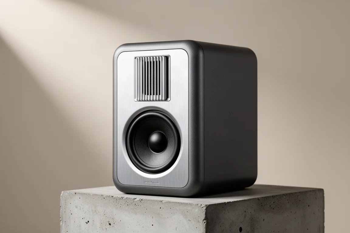 Pair of compact white stand-mount loudspeakers on steel stands against a grey backdrop