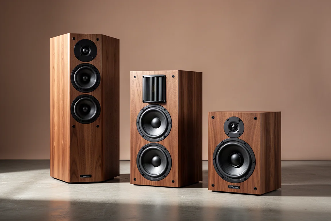 Three loudspeaker cabinets of different sizes arranged in a row on a concrete floor