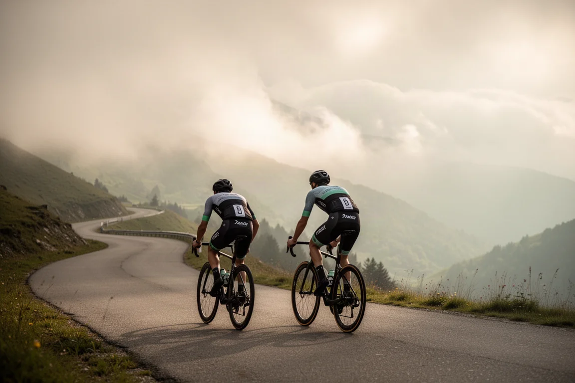 Ciclisti su strada che salgono lungo una strada di montagna tortuosa nella luce morbida del mattino
