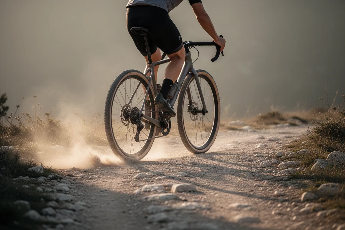 Ciclista gravel su una pista accidentata con polvere che si alza dietro la ruota posteriore