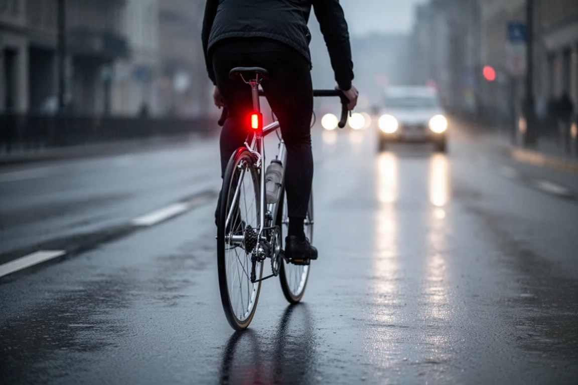 Ciclista su strada su una strada urbana bagnata con una piccola luce posteriore accesa
