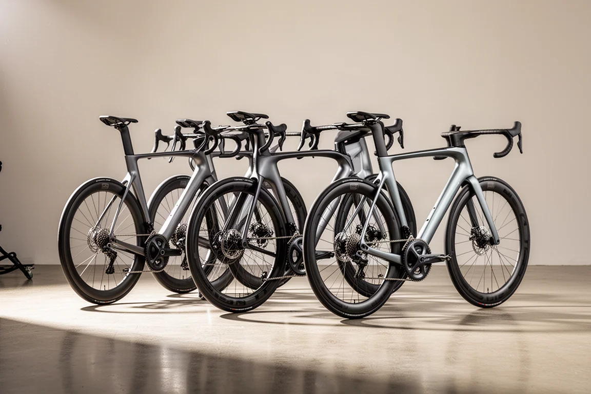 Vier moderne aero-racefietsen op een rij op een gepolijste betonnen studiovloer