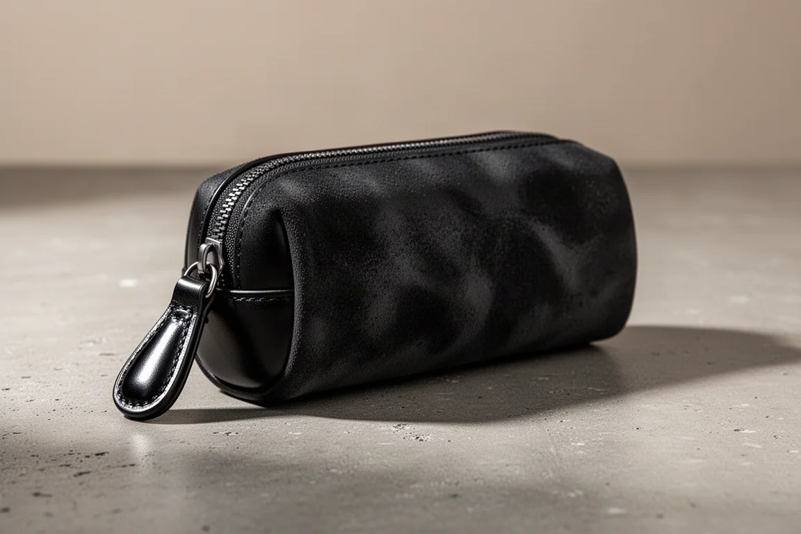 Astuccio penne rotondo con zip in pelle nera su una superficie di cemento opaco