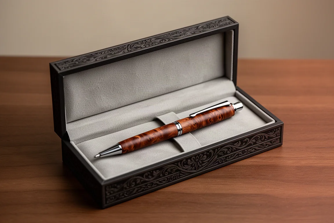 Slim wooden mechanical pencil resting in its decorative presentation box