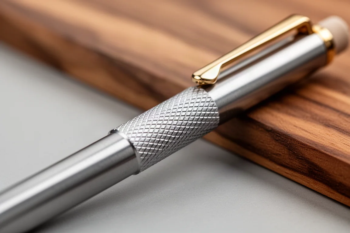 Close-up of a knurled metal grip section and gold-toned clip on a wooden pencil