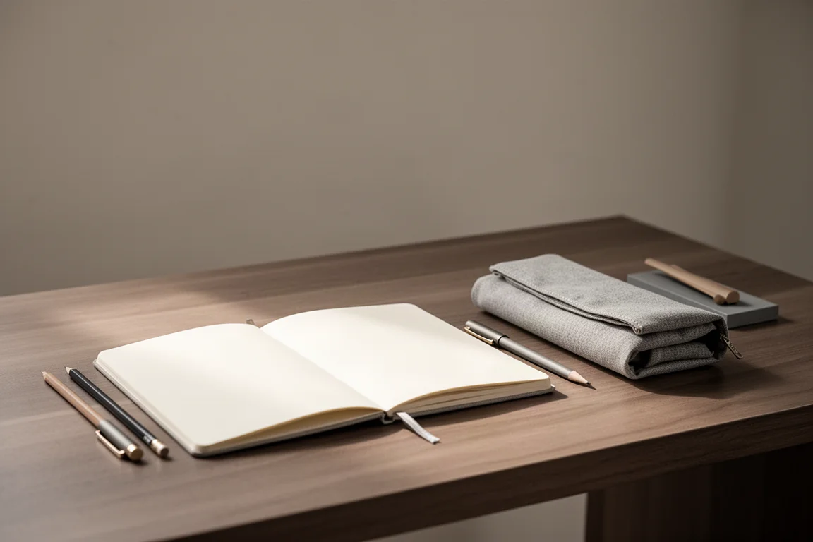 Elegant desk setup with notebook, pencil case, and writing tools in morning light