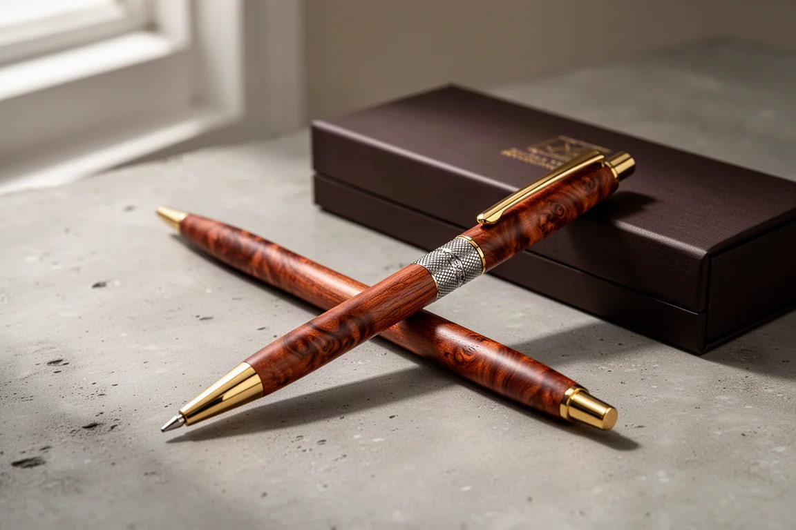 Slim wooden mechanical pencil with burl grain and gold clip on concrete surface