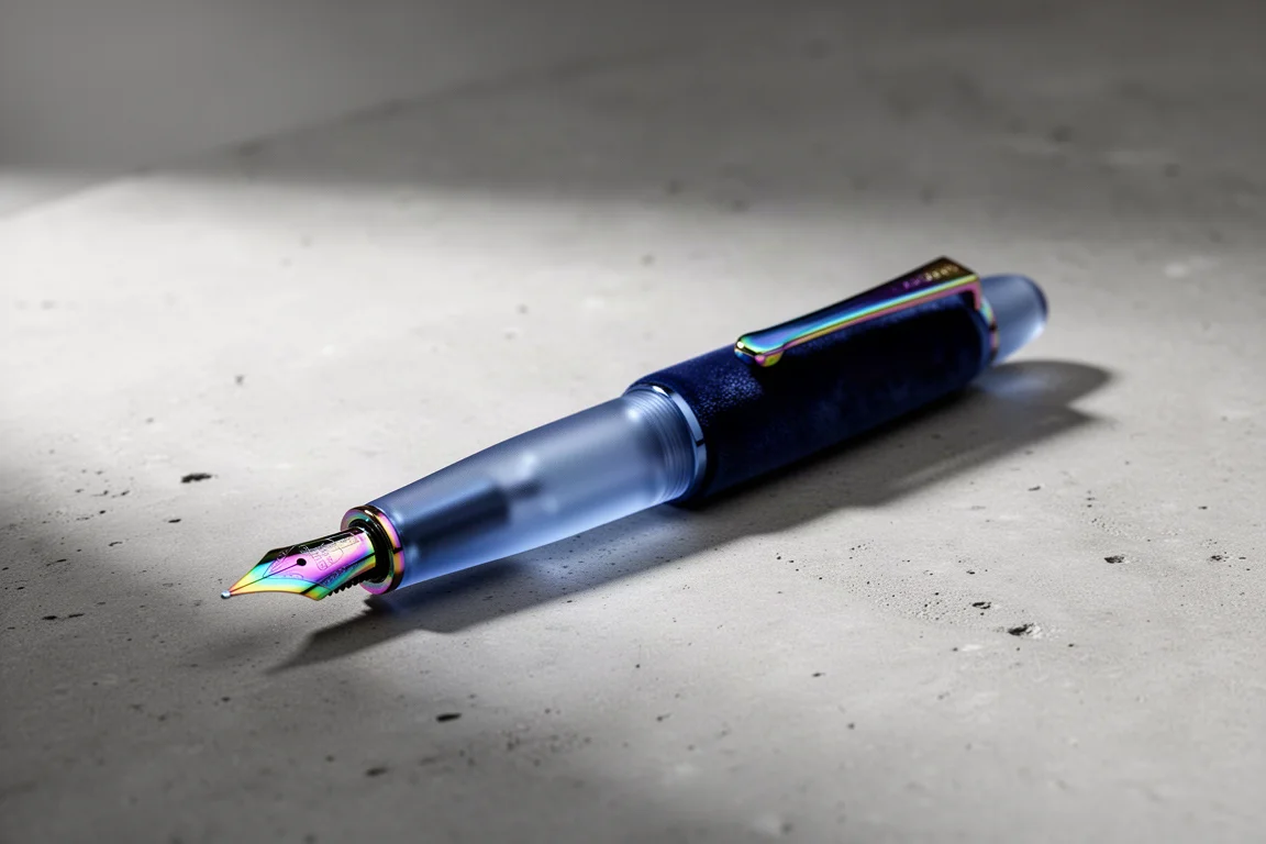 Fountain pen blu traslucida con finiture rainbow PVD su una superficie di cemento