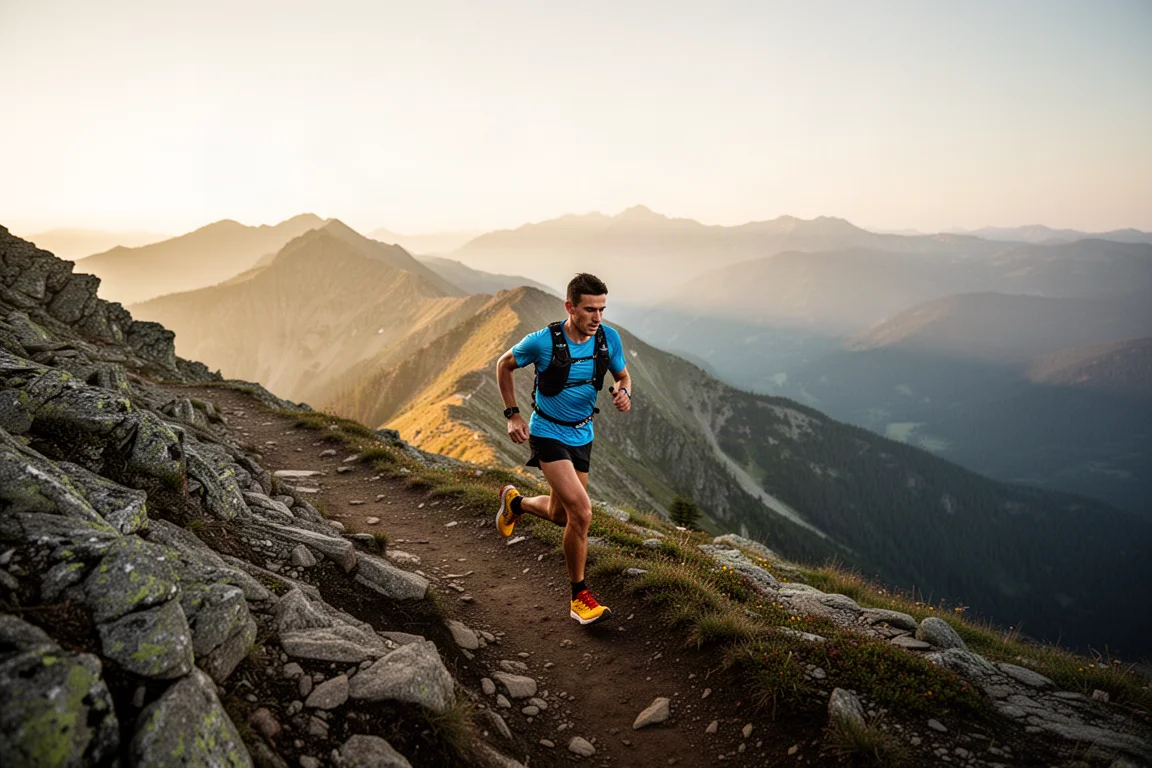 Läufer auf einem hoch gelegenen Bergkamm während eines langen Trailruns