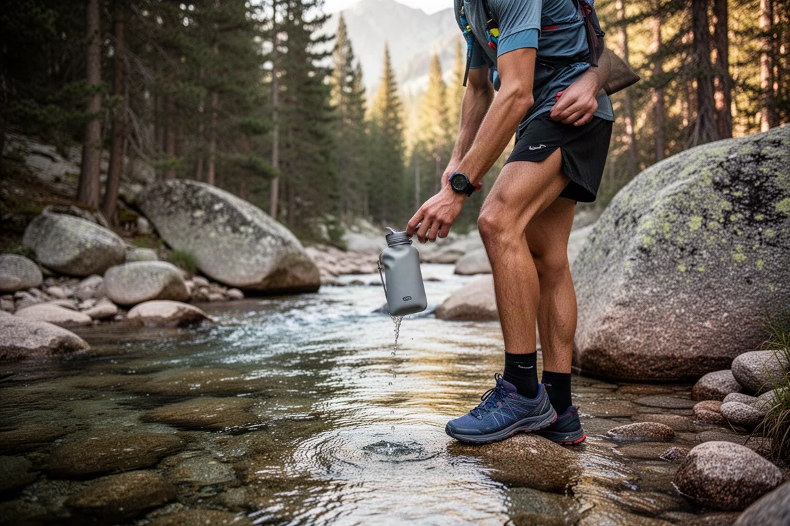 Trailrunner füllt eine Flasche an einem Gebirgsbach während eines langen Laufs auf