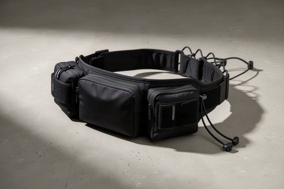 Cinta da running nera con tasche e cordino elastico su una superficie in cemento