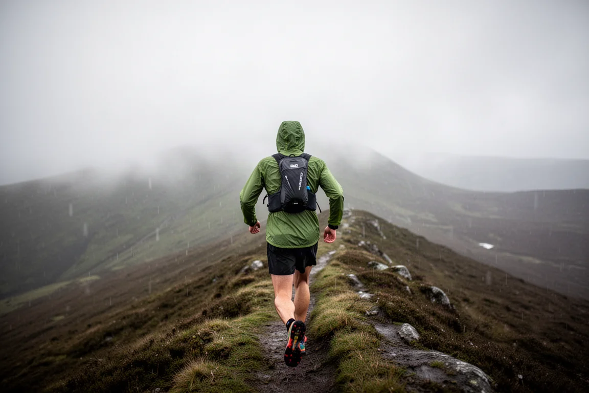 Trail runner on a windswept mountain ridge in driving rain