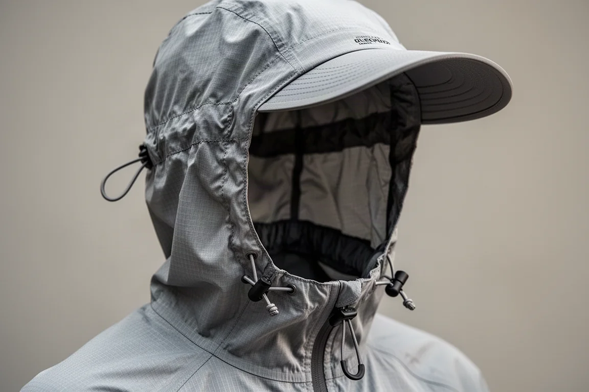 Close-up of an adjustable running jacket hood with wired peak