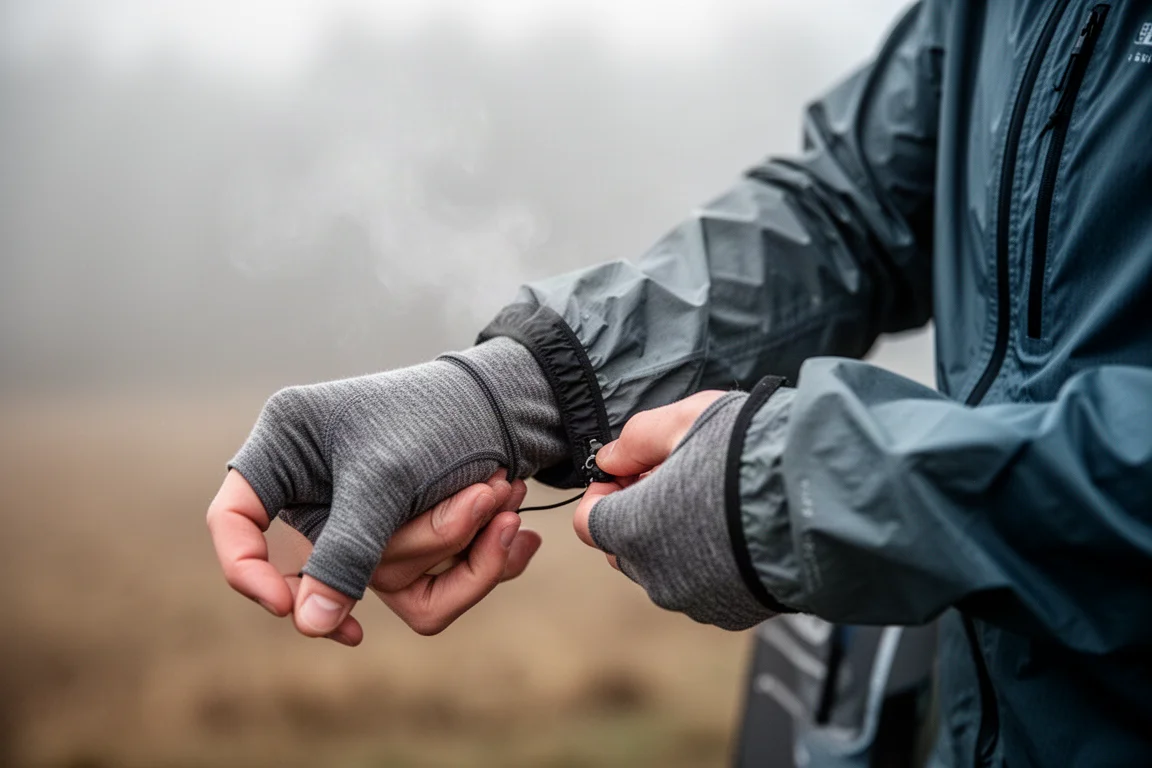 Runner adjusting elasticated cuff with thumb loop on a cold morning