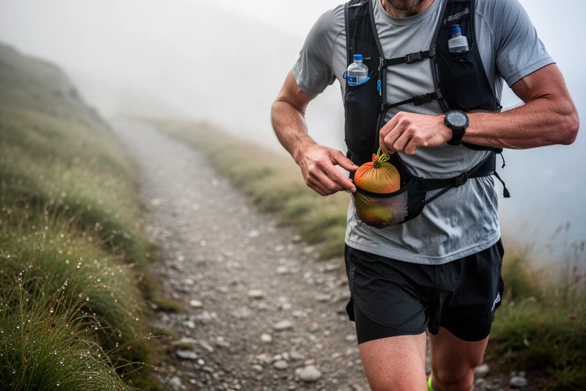 Jacket packed down small inside a race vest pocket on a trail