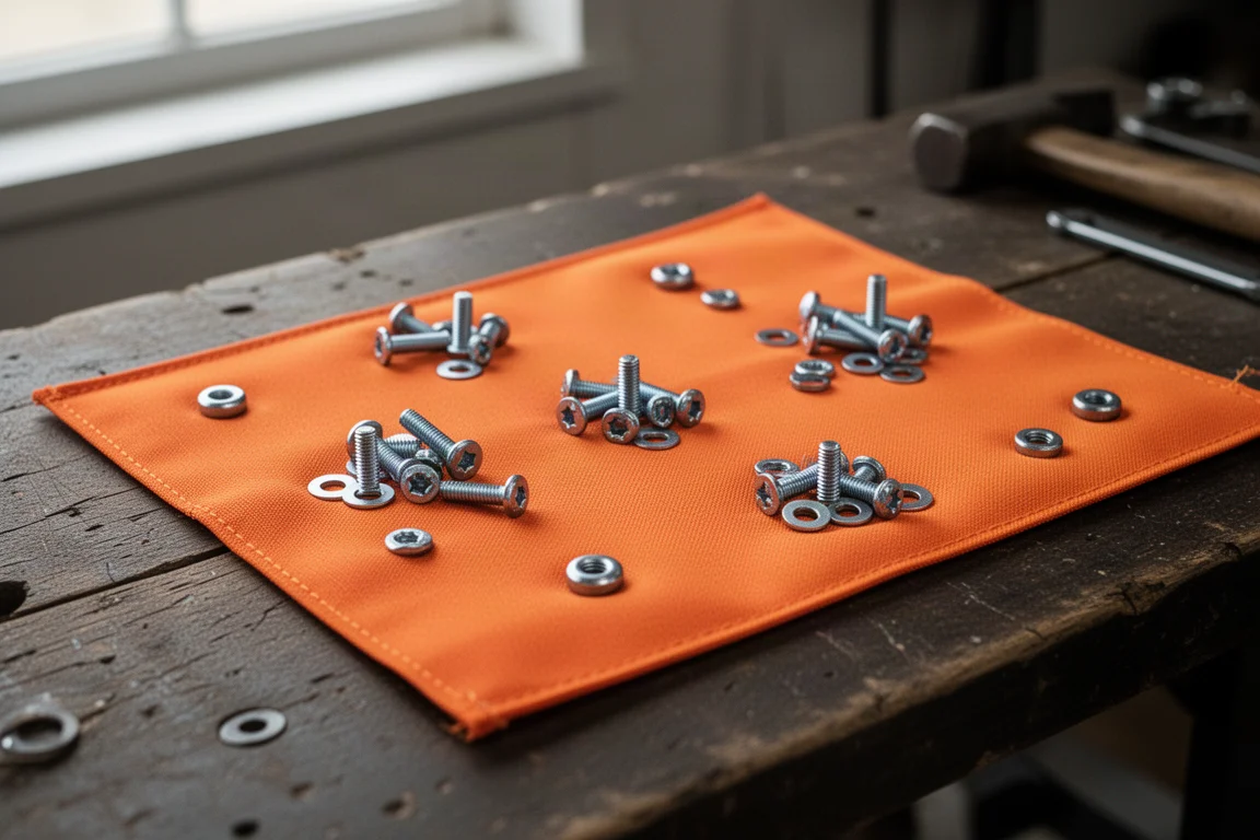 Tapis magnétique orange retenant de petites attaches métalliques sur un établi