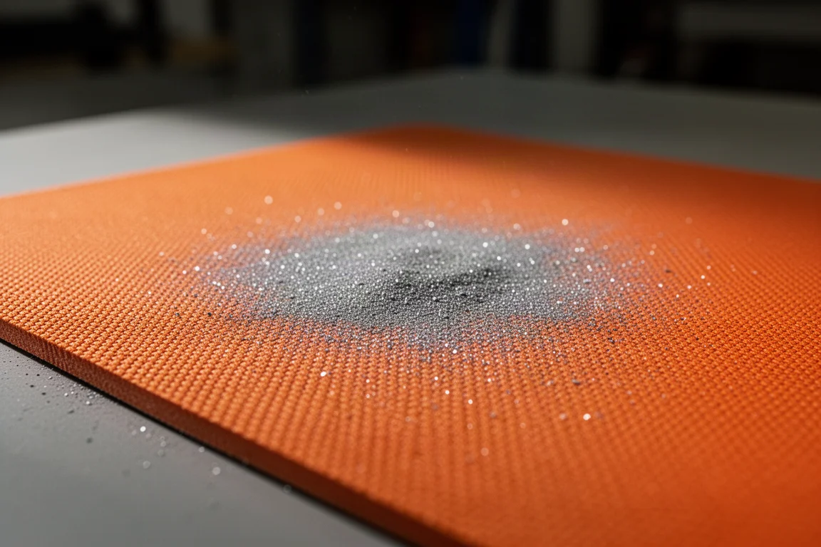 Surface du tapis magnétique recouverte de fines poussières métalliques de meulage