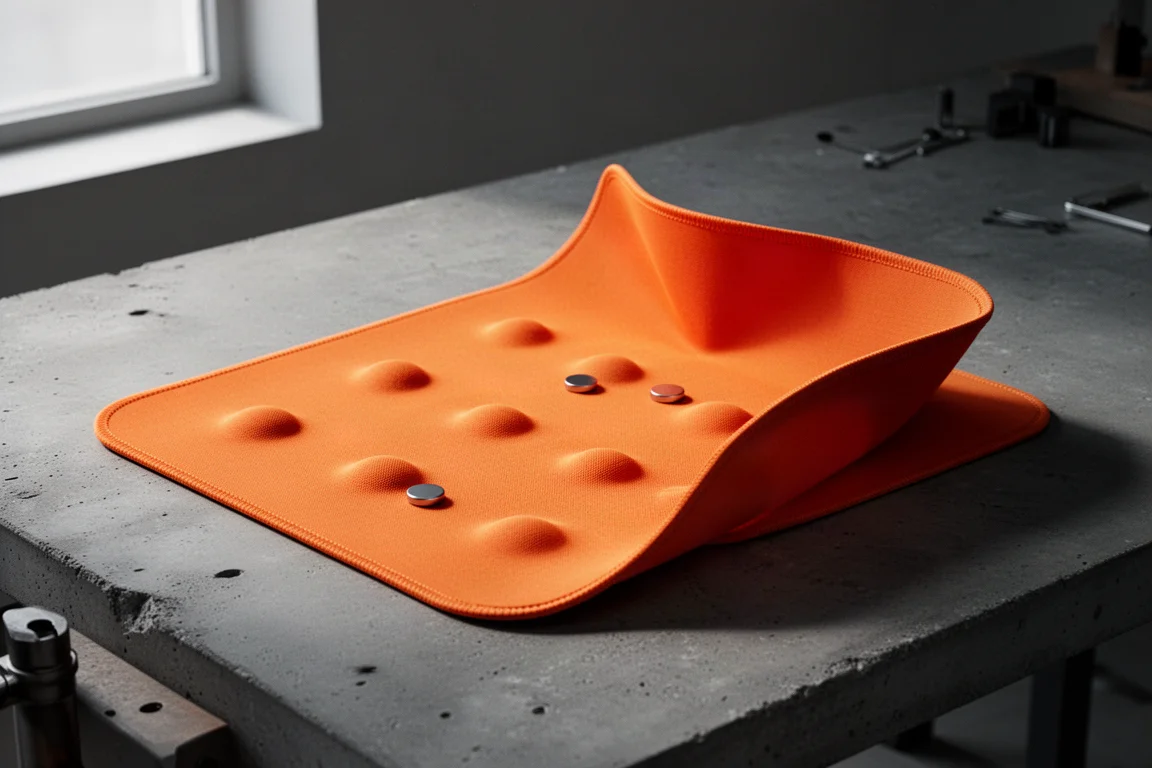 Orange fabric magnetic mat bowl partially folded on a concrete workbench