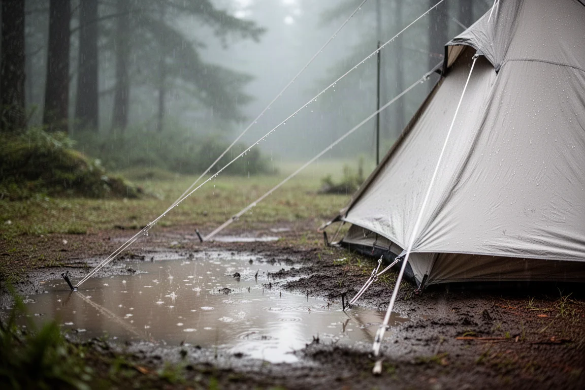 Rainwater running down a sloping campsite and pooling near tent guy lines