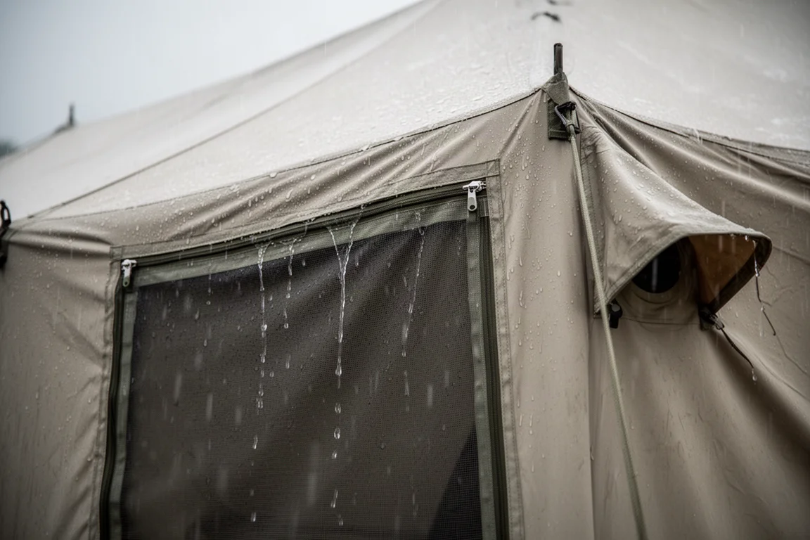 Close detail of a wet shell tent wall with a mesh panel and corner vent