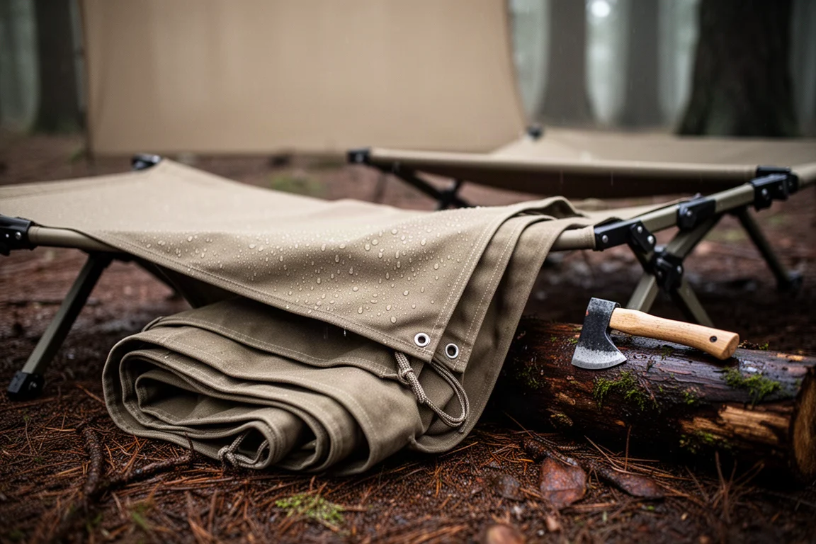 Canvas tarp on damp ground beneath a camp cot with a small hatchet nearby