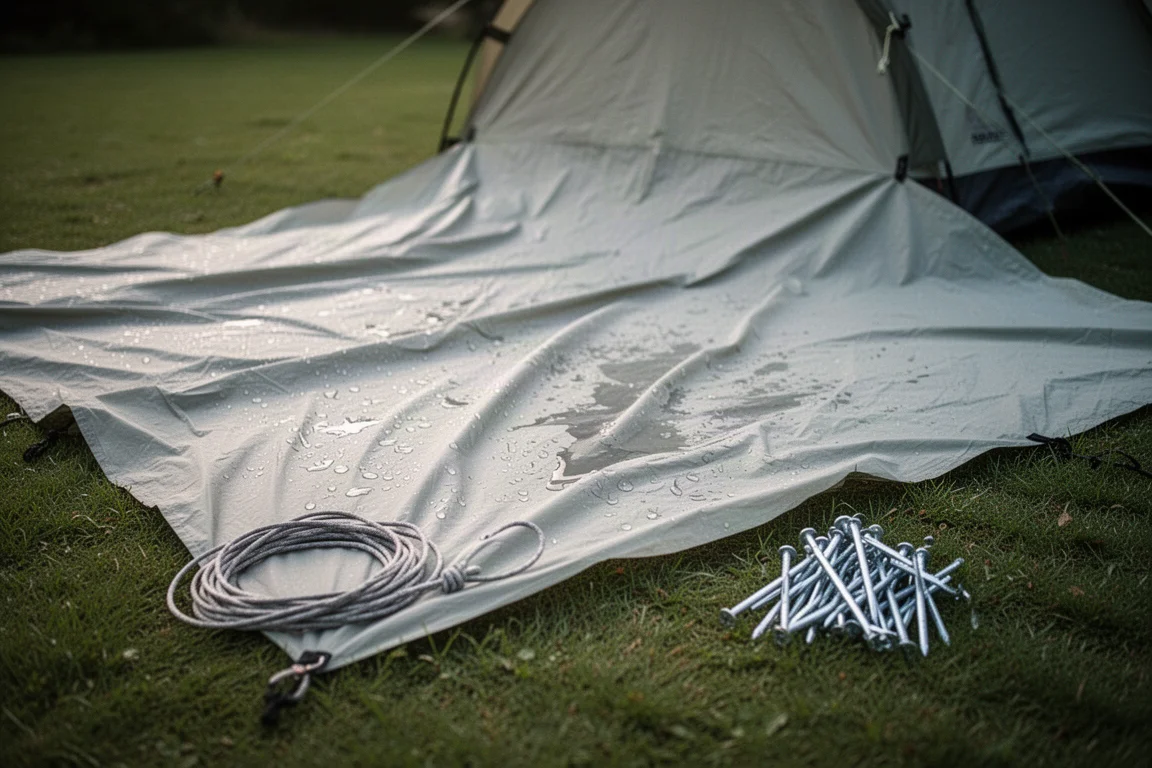 Large wet tent spread out on grass to dry after a rainy trip