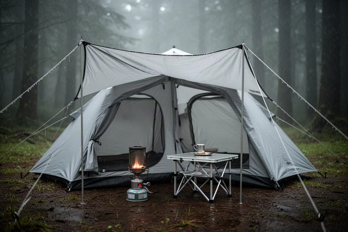 Wet forest campsite with a large shell tent, a compact butane stove, and a folding table