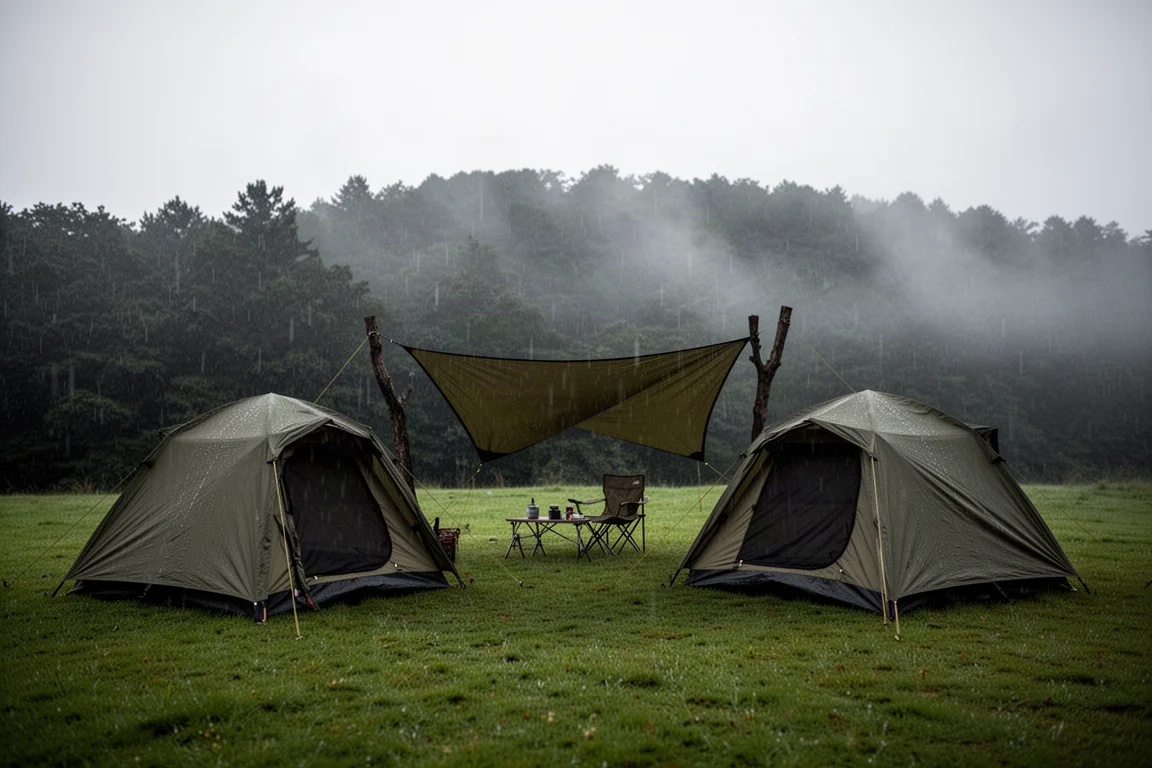 兩頂低矮露營庇護所搭在濕草地上,持續降雨中,後方另有一頂天幕