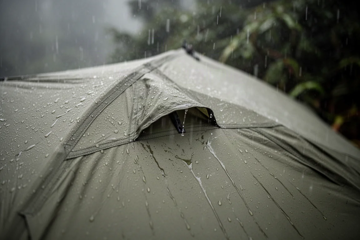 風雨打在帳篷布面上凝成水珠,一旁是敞開的外部通風蓋片