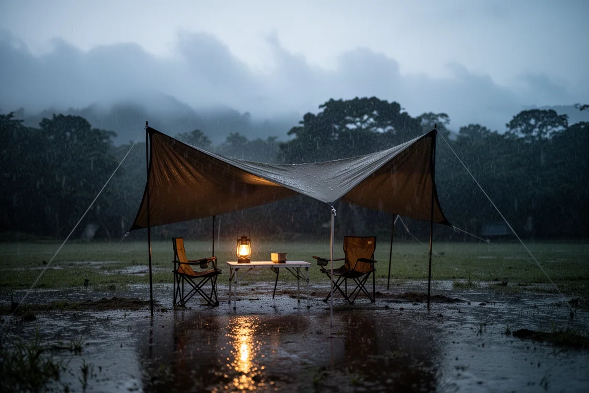 黃昏時分被雨淋濕的營地,桌上方搭著天幕,燈籠光映在濕地上