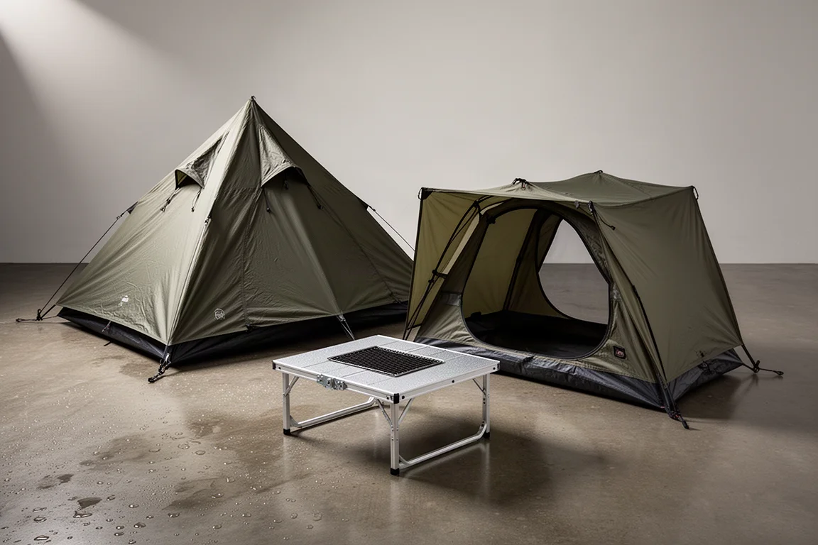 Two rain-tested camping shelters and a modular camp table with grill insert on a damp surface