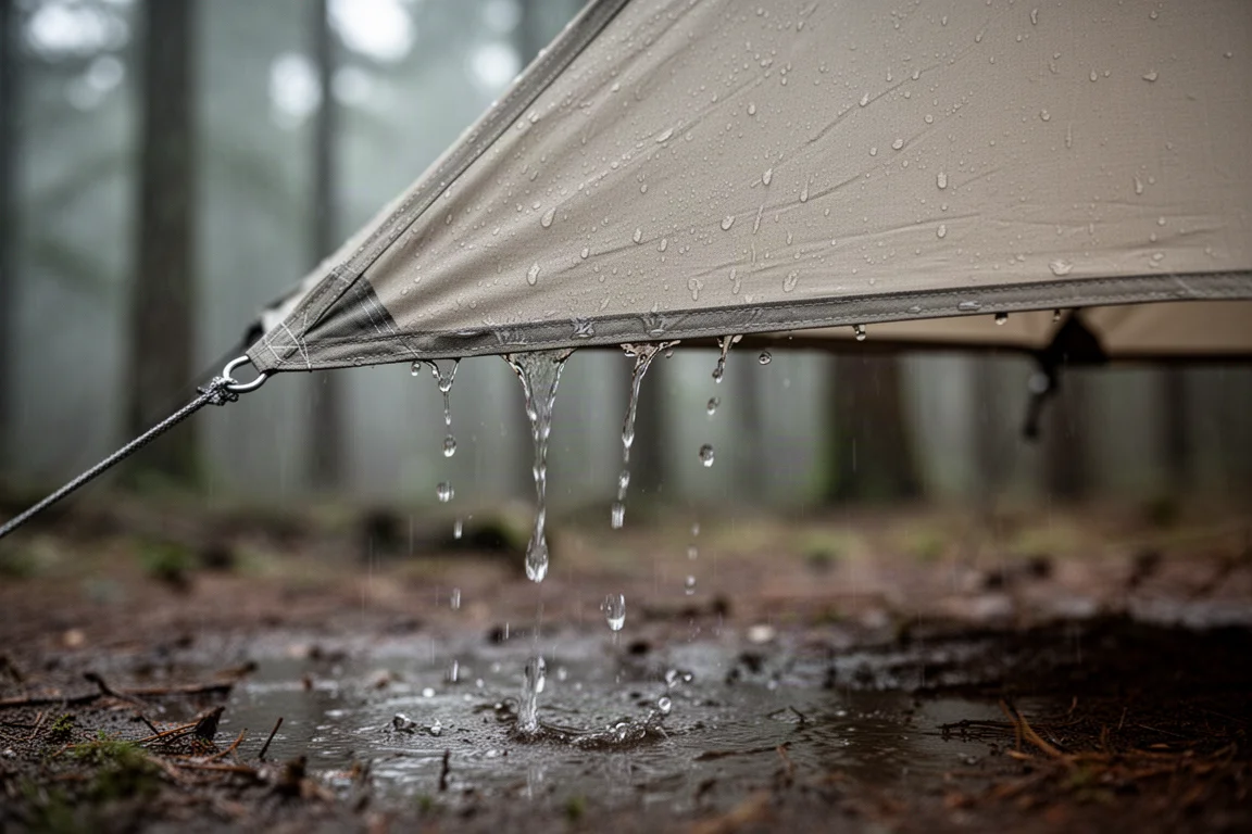 Deszcz spływający po wysuniętym panelu niskiego schronienia bivvy