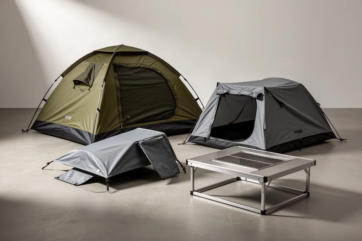 Two camping tents and a modular camp table with grill insert on a concrete surface