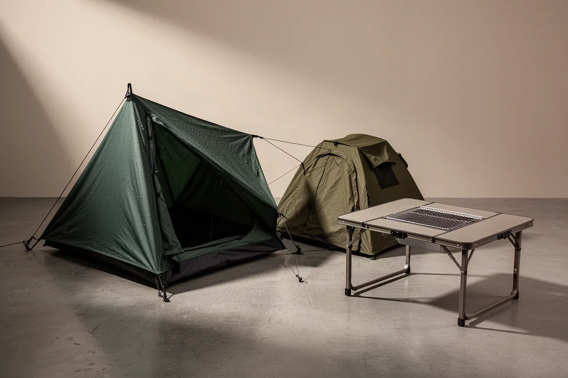 Camping tent, compact bivvy shelter and modular camp table staged on a concrete surface