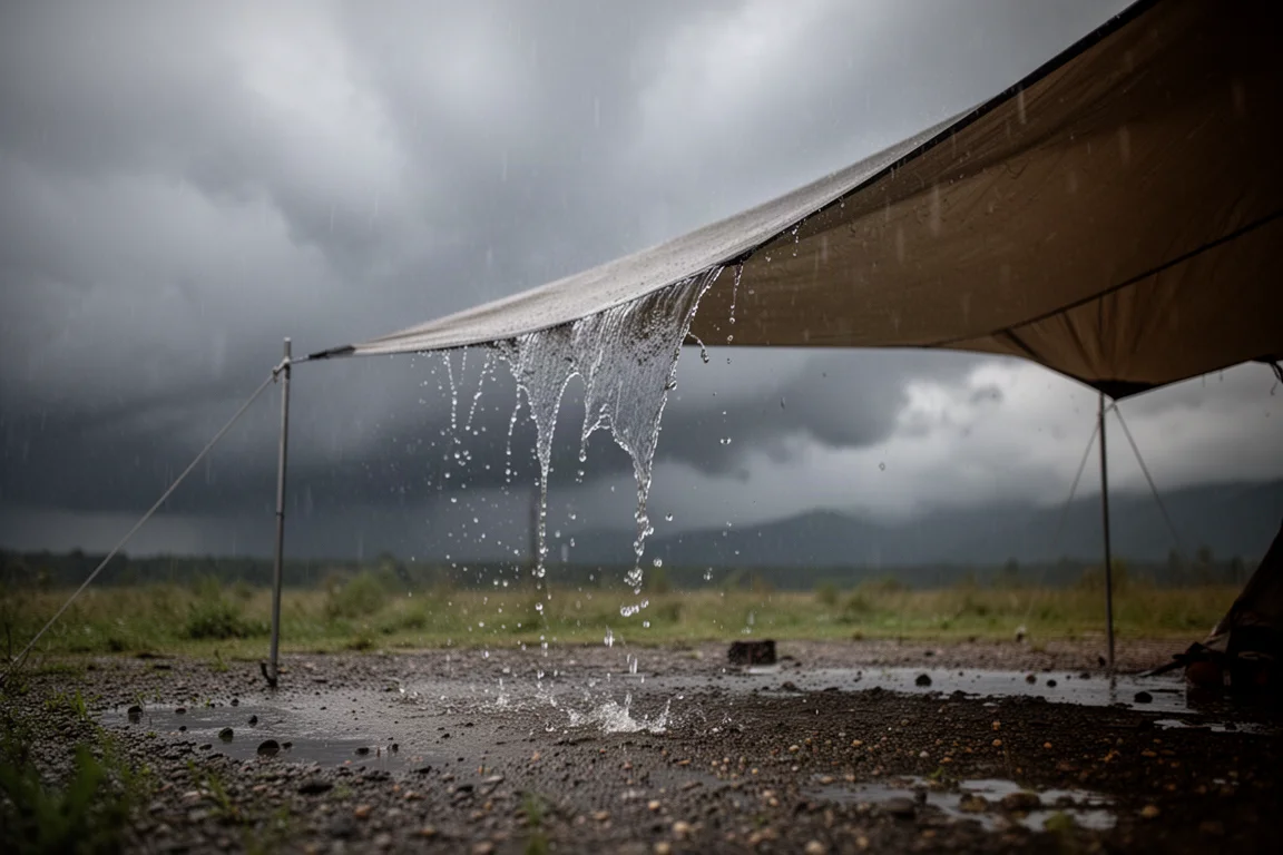 Kamplocatie met partytent waar zware regen langs de rand stroomt bij schemering