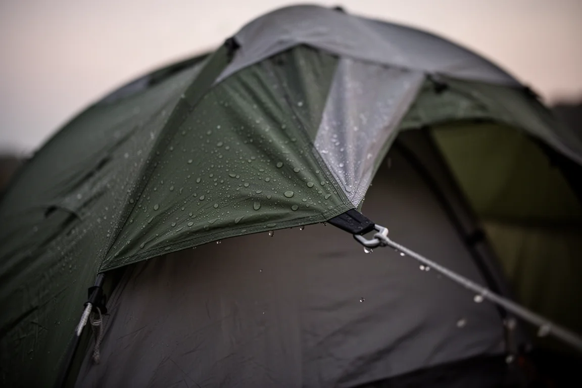 Regendruppels op de fly van een groen-grijze koepeltent bij schemering