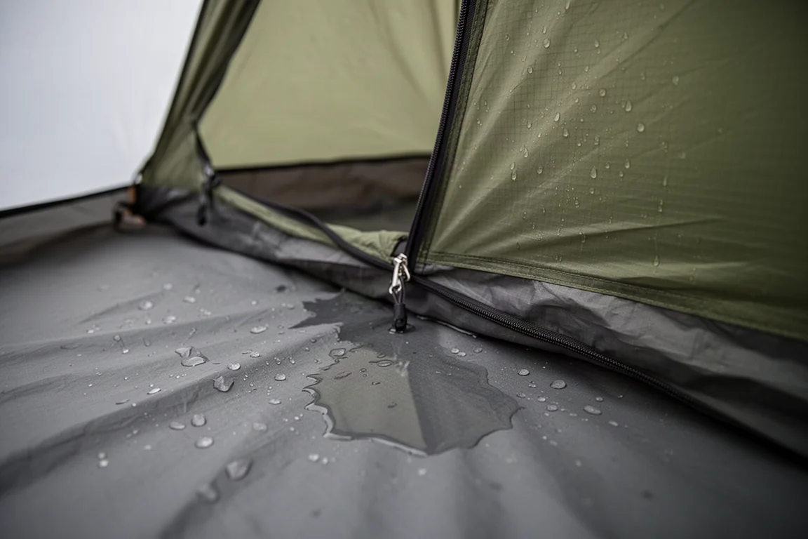 Vochtige stof en plas water in een lage eenpersoons bivy-schuilplaats