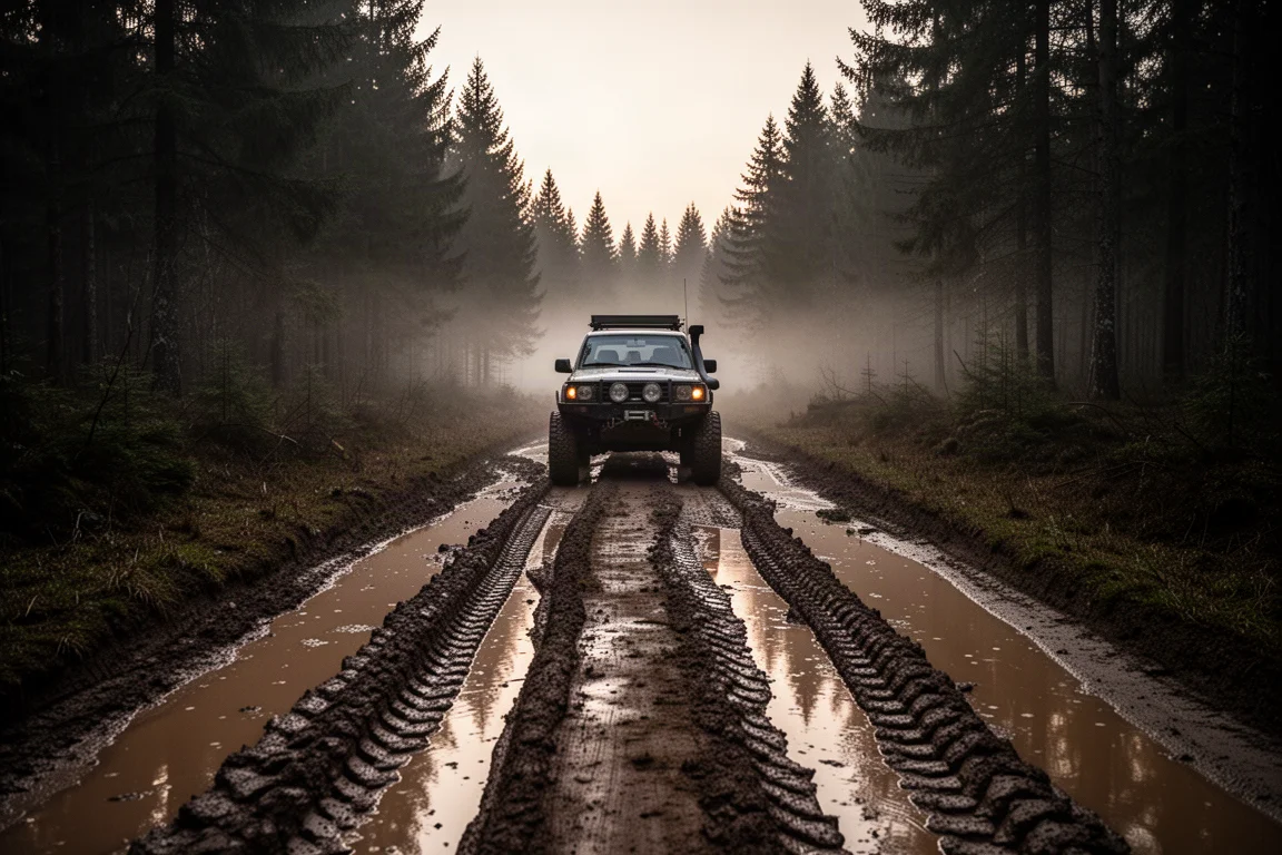 All-terrain banden onder een voertuig op een modderige bosweg bij schemering