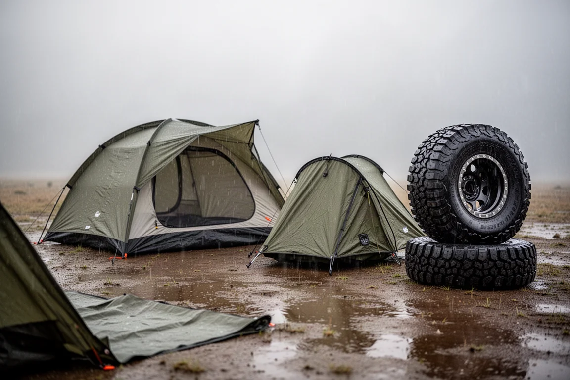 Two camping shelters and all-terrain tires staged at a rainy campsite