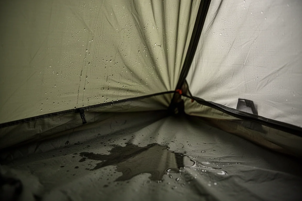 Interno di un bivy shelter basso e angusto con condensa e un pavimento umido