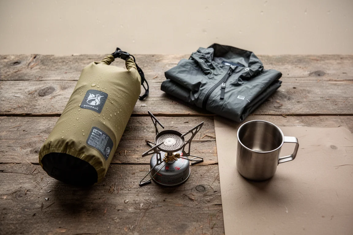 Vista dall'alto di una dry bag arrotolata, una giacca antipioggia, un fornello e una tazza su legno consumato